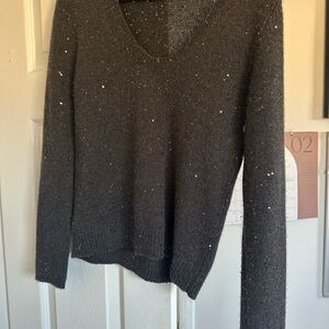 Brunello Cucinelli Gray V-Neck Sweater with Shimmer and Slim Fit